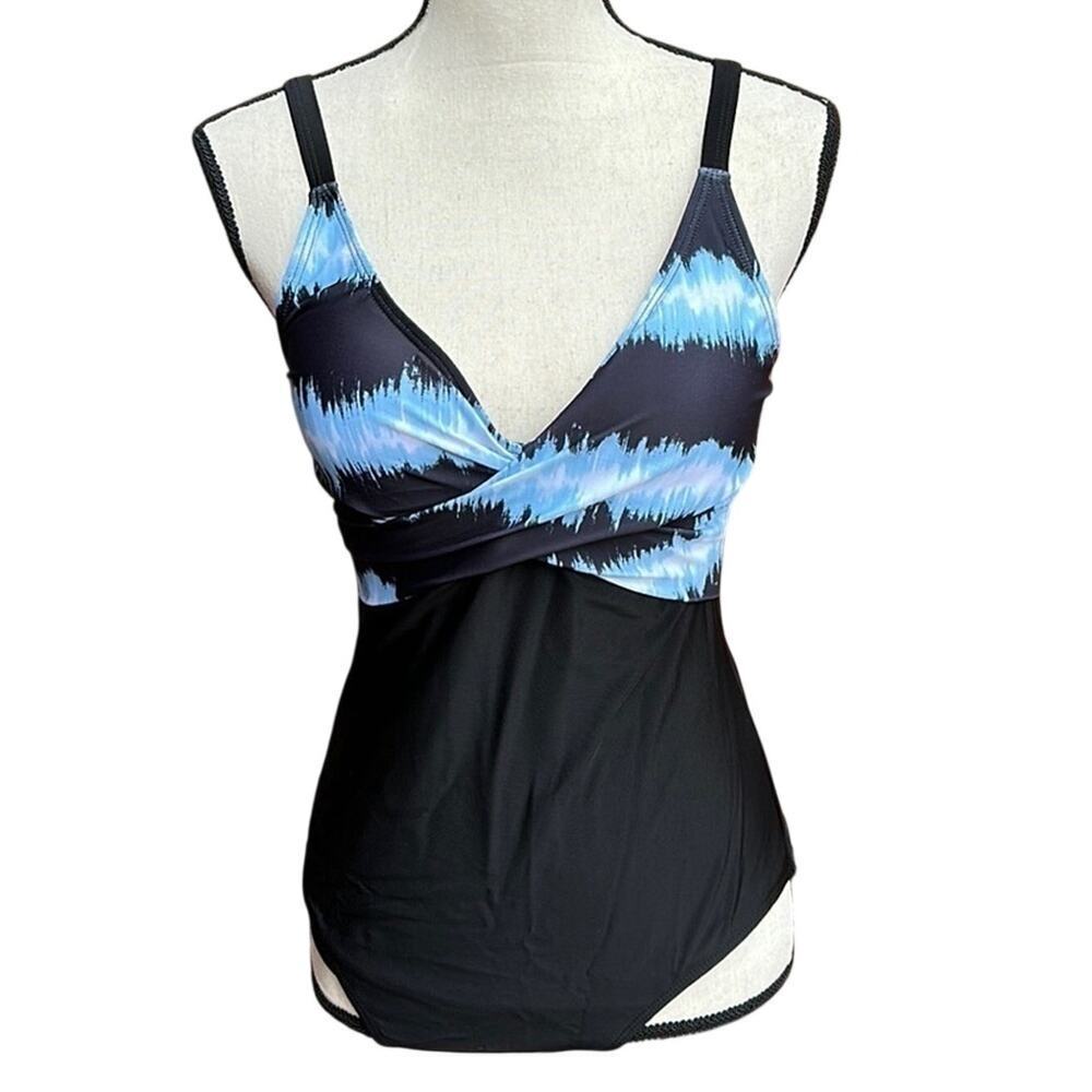 B2Prity One Piece Tummy Control Swimsuit Women's Medium Blue Cross V-Neck NWT